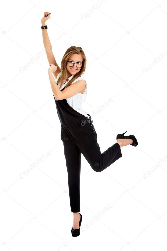 Successful young business woman happy for her success. Isolated 