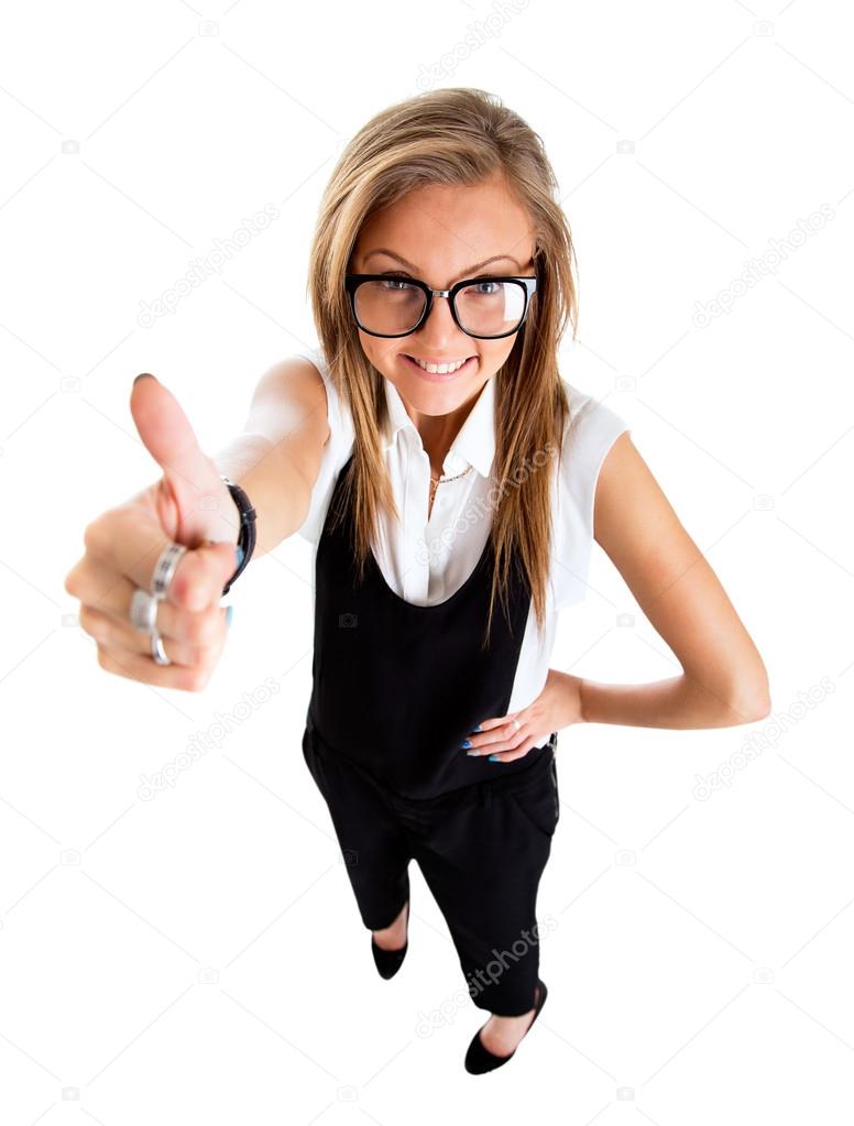 Success woman isolated giving thumbs up sign. Funny businesswoma