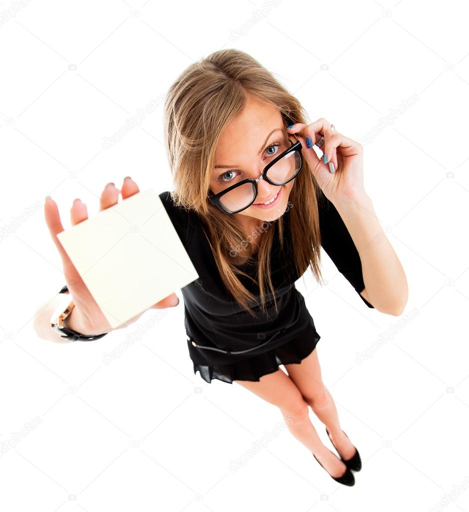 Showing sign - woman holding big business card, paper sign with
