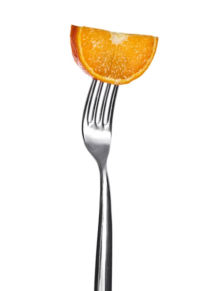 Orange slice on a fork on a white background — Stock Photo, Image