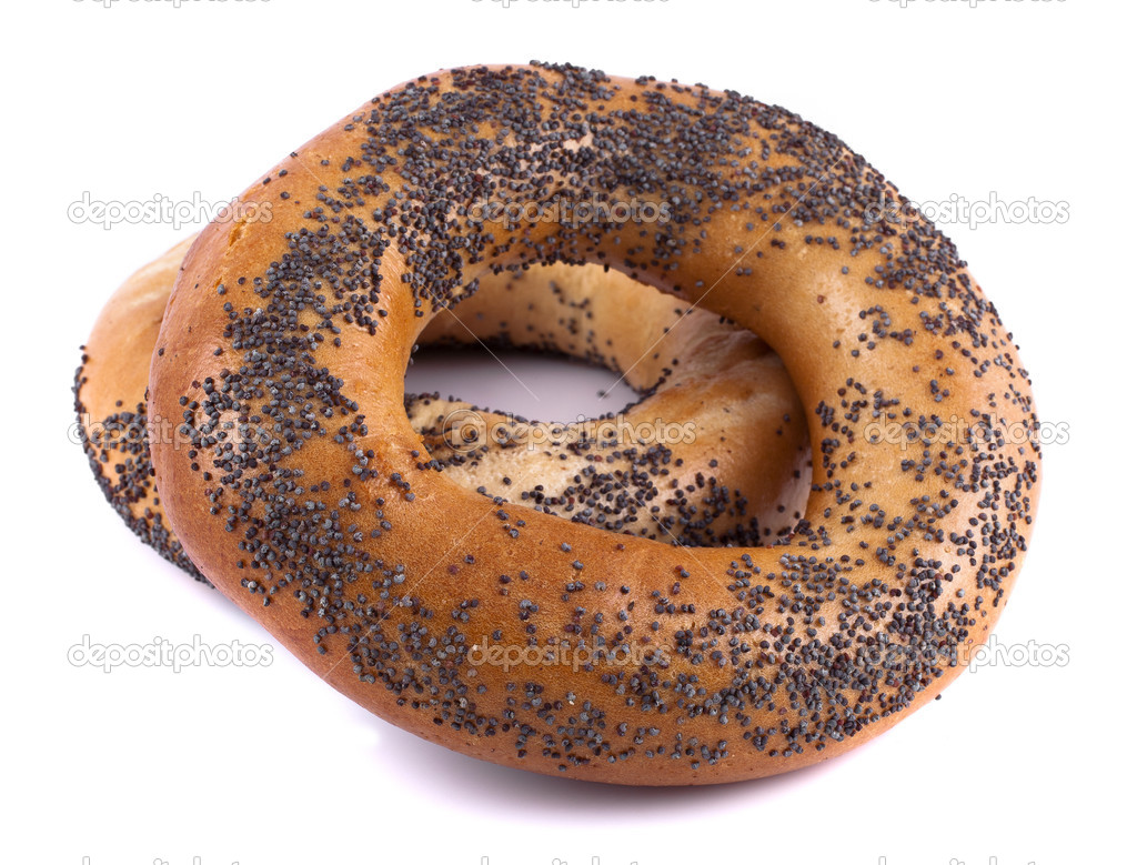 Two bagels with poppy seeds on a white background
