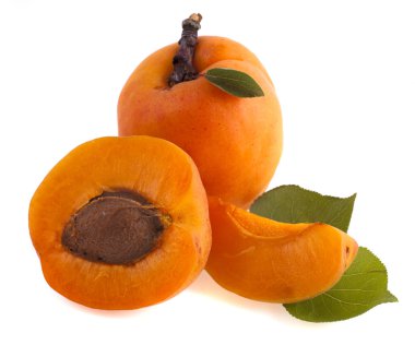 yeşil yaprak beyaz zemin üzerine izole olgun kayısı