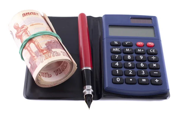 Business-stilleven. geld, pen en calculator — Stockfoto