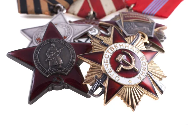 Premios de la URSS. Órdenes de la Gran Guerra Patria 1º y 2º grado y la Orden de la Estrella Roja en el fondo de la Cinta de San Jorge —  Fotos de Stock