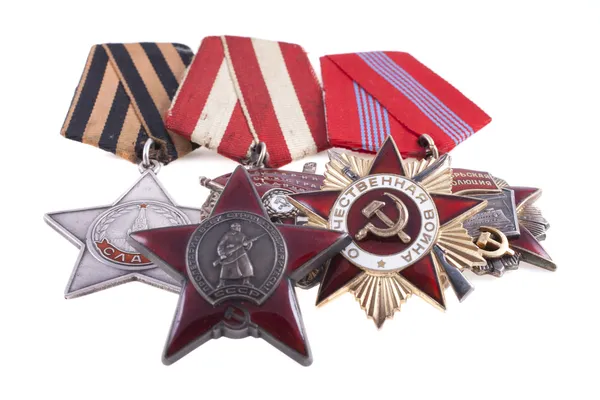 Awards of the USSR. Orders of the Great Patriotic War 1st and 2nd degree and the Order of the Red Star — Stock Photo, Image