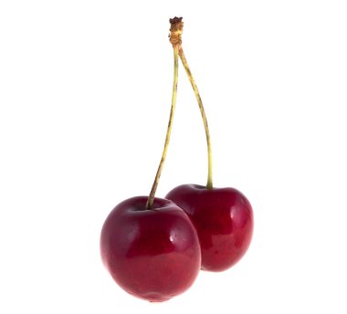 Beyaz arka planda iki olgun kiraz.