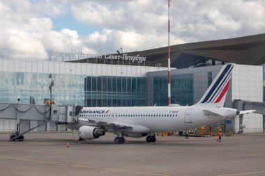 Rusya, St. Peterburg. Pulkovo havaalanı binasının arka planında uçak var.