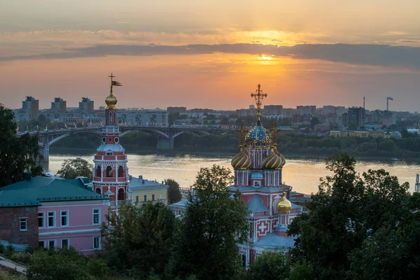 Russia Nizhny Novgorod View City Christmas Church Kanavinsky Bridge Sunset — Stock Photo, Image