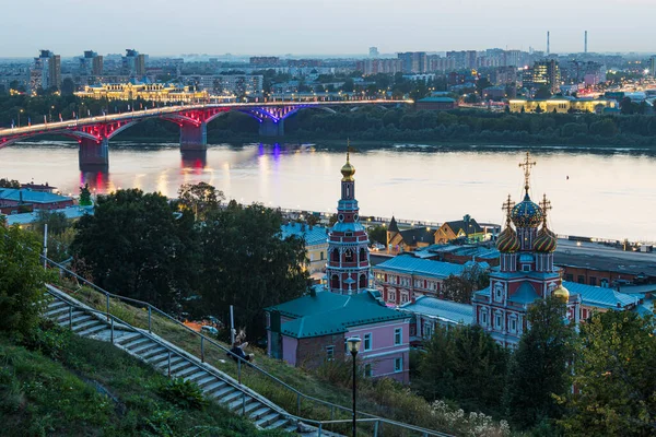Rússia Nizhny Novgorod Vista Cidade Igreja Natal Ponte Kanavinsky Pôr — Fotografia de Stock