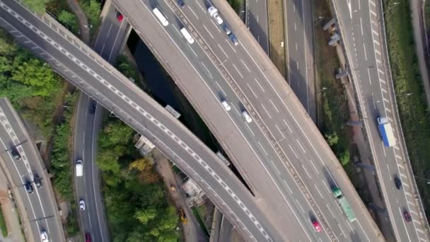 Vehicles Driving Mixing Bowl Interchange Aerial View — Stock Video