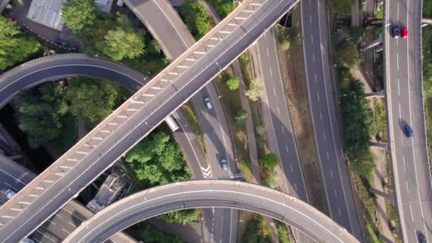 Vehicles Driving Mixing Interchange Bird Eye Aerial View — Stock Video