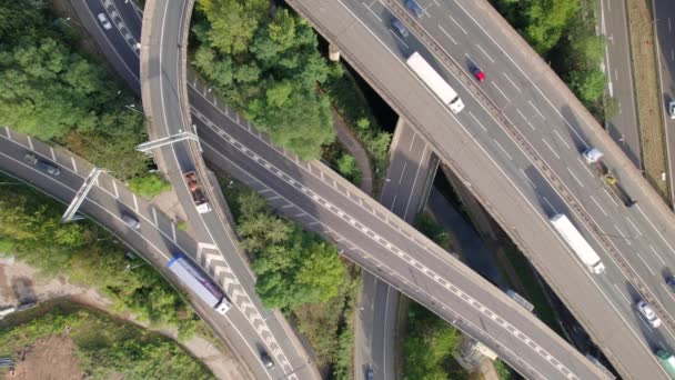 Vehicles Driving Mixing Interchange Bird Eye Aerial View — Stock Video