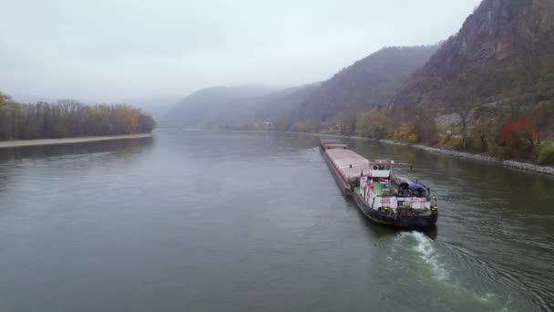 Empujador Carga Una Mañana Brumosa Río Danubio — Vídeo de stock