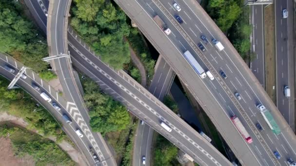 Vehicles Driving Spaghetti Interchange Bird Eye Aerial View — Stock Video