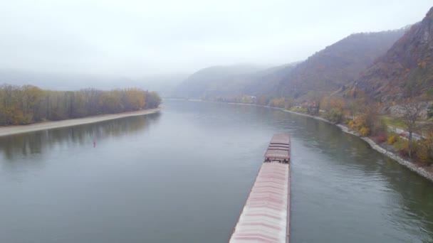 ドナウ川の霧の朝の貨物プッシャーボート — ストック動画