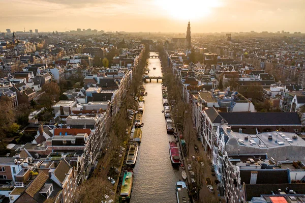 Coucher Soleil Sur Amsterdam Ville Avec Ses Canaux Ses Voies — Photo