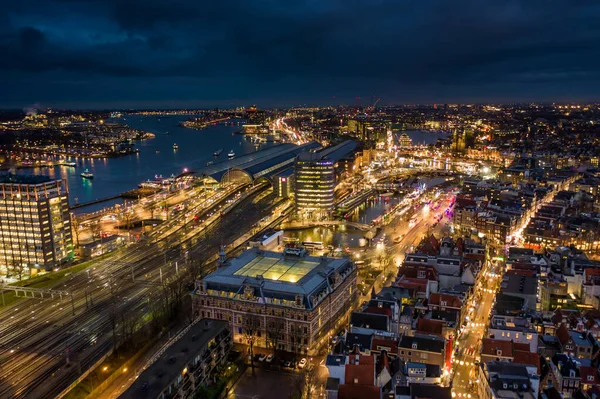 Amsterdam Centraal Järnvägsstation Natten Flygfoto — Stockfoto