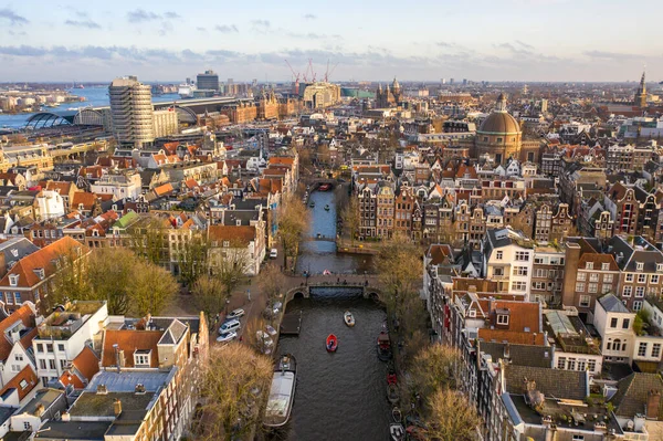 Coucher Soleil Sur Amsterdam Ville Avec Ses Canaux Ses Voies — Photo