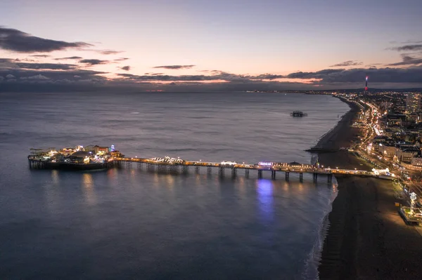 Brighton Seafront Palace Pier West Pier Sunset Aerial View — 스톡 사진