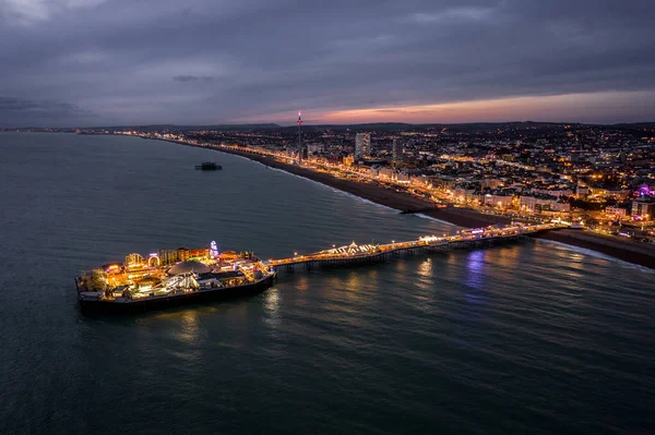Brighton Seafront Palace Pier Illuminated Night Aerial View — 스톡 사진