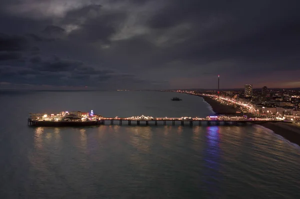 Seafront Palace Pier Brighton Illuminated Night Aerial View — Stock Photo, Image