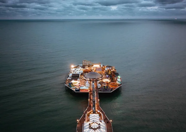 Fun Fair End Brighton Palace Pier Evening Aerial View — 스톡 사진