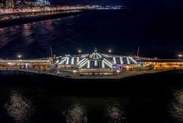 Brighton Palace Pier Night Bar Restaurant Illuminated Aerial View — 스톡 사진