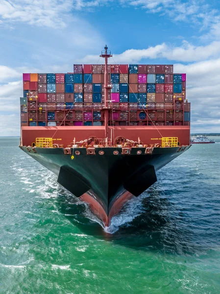 Bow of a Huge Container Ship at Sea Transporting Goods and Cargo