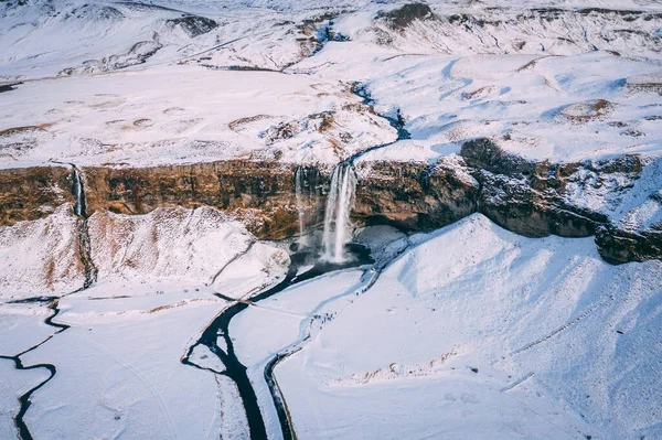 Seljalandsfoss Καταρράκτης Ισλανδία Ένα Όμορφο Ορόσημο Αεροφωτογραφία — Φωτογραφία Αρχείου