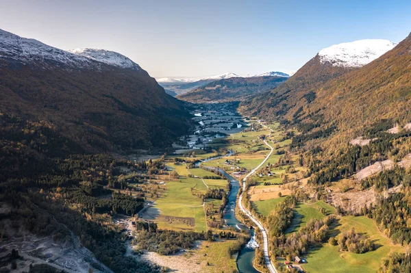 Stryn Norwegia Kręta Rzeka Piękne Widoki Lotu Ptaka — Zdjęcie stockowe