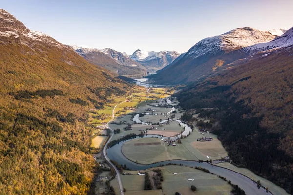 Stryn Norwegia Kręta Rzeka Piękne Widoki Lotu Ptaka — Zdjęcie stockowe