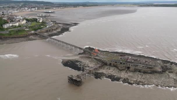 Derelict Birnbeck Pier Weston Super Mare Aerial View — Stock Video