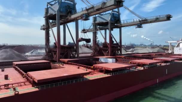 港内のばら積み船から商品を積み出すクレーン — ストック動画