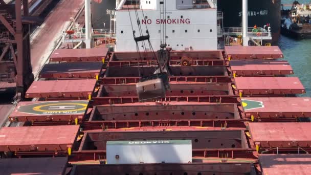 港内のばら積み船から貨物を積み出すクレーン — ストック動画