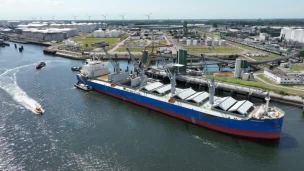 Bulk Carrier Ship Port Offloading Cargo Commodities Shore Crane — Stock Video