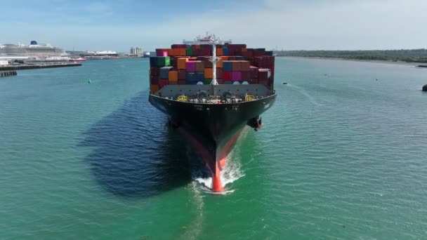 Корабель Контейнер Прибуває Порт Мотор Міжнародному Рівні — стокове відео
