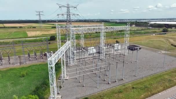 Podstacja Elektroenergetyczna Instalacja Dystrybucji Energii Pierwotnej Wysokiego Napięcia — Wideo stockowe