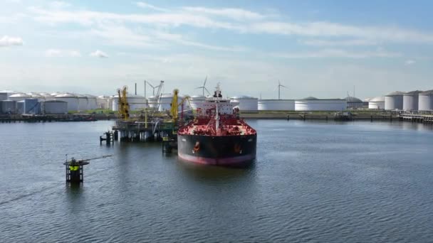 Crude Oil Liquid Cargo Transporter Ship Unloading Petrochemicals Fuel Depot — Stock Video