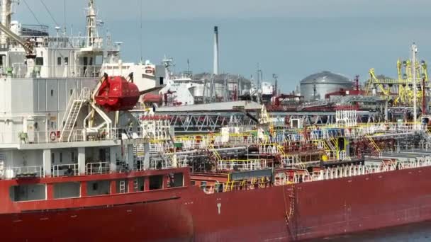 Liquid Cargo Transporter Ships Unloading Crude Oil Fuel Depot — Stock Video