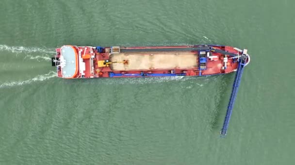 Bird Eye View Self Unloading Barge Carrying Cargo Sea — Stock Video