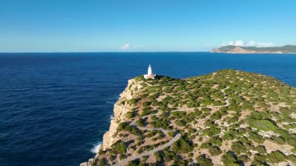 Lighthouse Ibiza Top Tall Cliff Aerial View — Stock Video