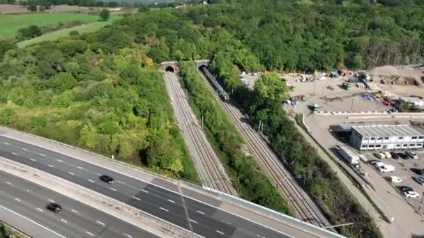 Trauter Train Speeding Highway Aerial View — Stock video