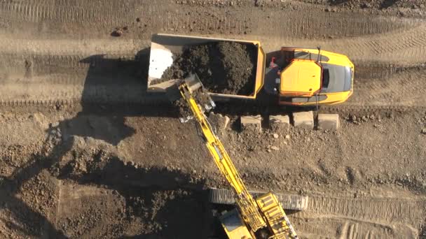 Camions Benne Basculante Chargés Terre Par Une Pelleteuse — Video