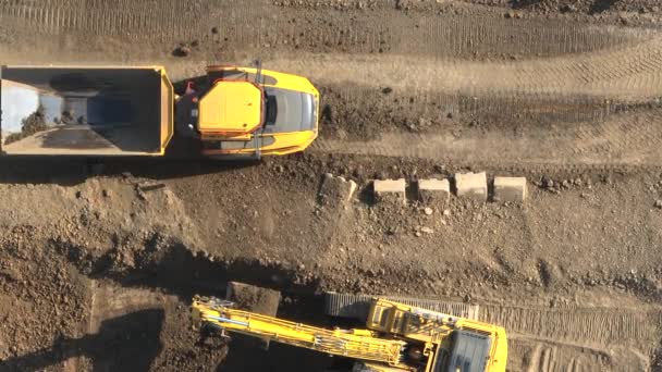 Caminhão Basculante Sendo Carregado Com Terra Por Escavador — Vídeo de Stock