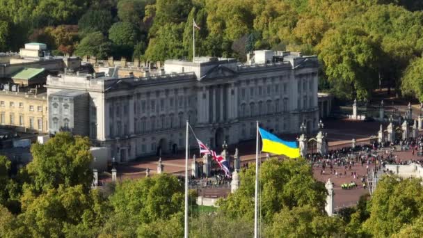 Union Jack Und Ukrainische Flaggen Wehen Vor Dem Buckingham Palace — Stockvideo