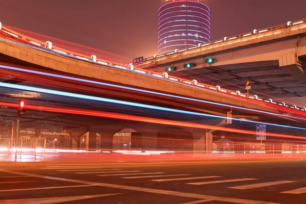 Night scene of the prosperous city, under the viaduct in beijing — Stock Photo, Image