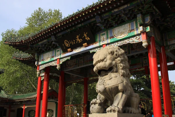 Leões de pedra no portão em um parque — Fotografia de Stock