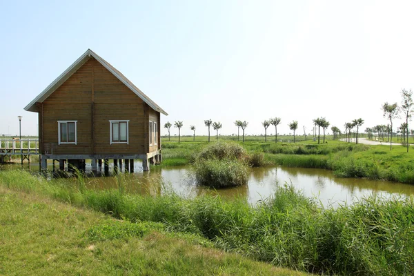 Dřevěný dům u rybníka — Stock fotografie