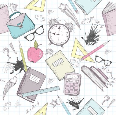 Cute school abstract pattern. Seamless pattern with alarm clock