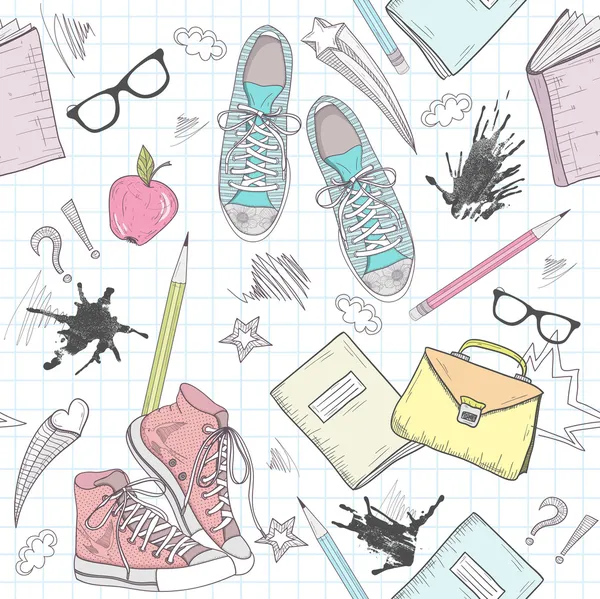 可爱的学校抽象图案。无缝模式与鞋、 袋 — 图库矢量图片#